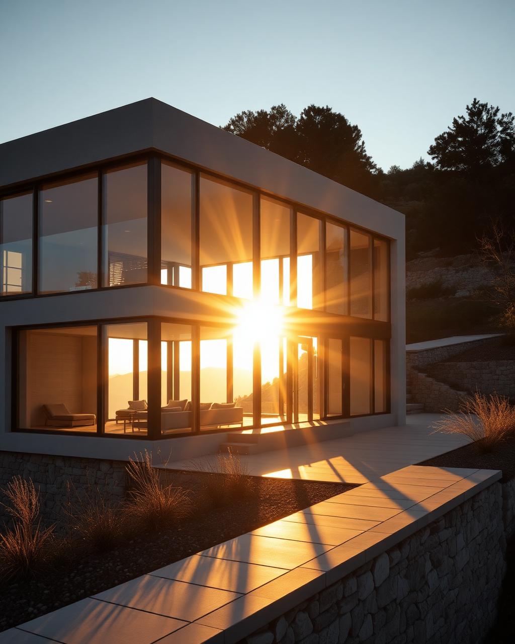 Contemporary home with expansive glass at golden hour
